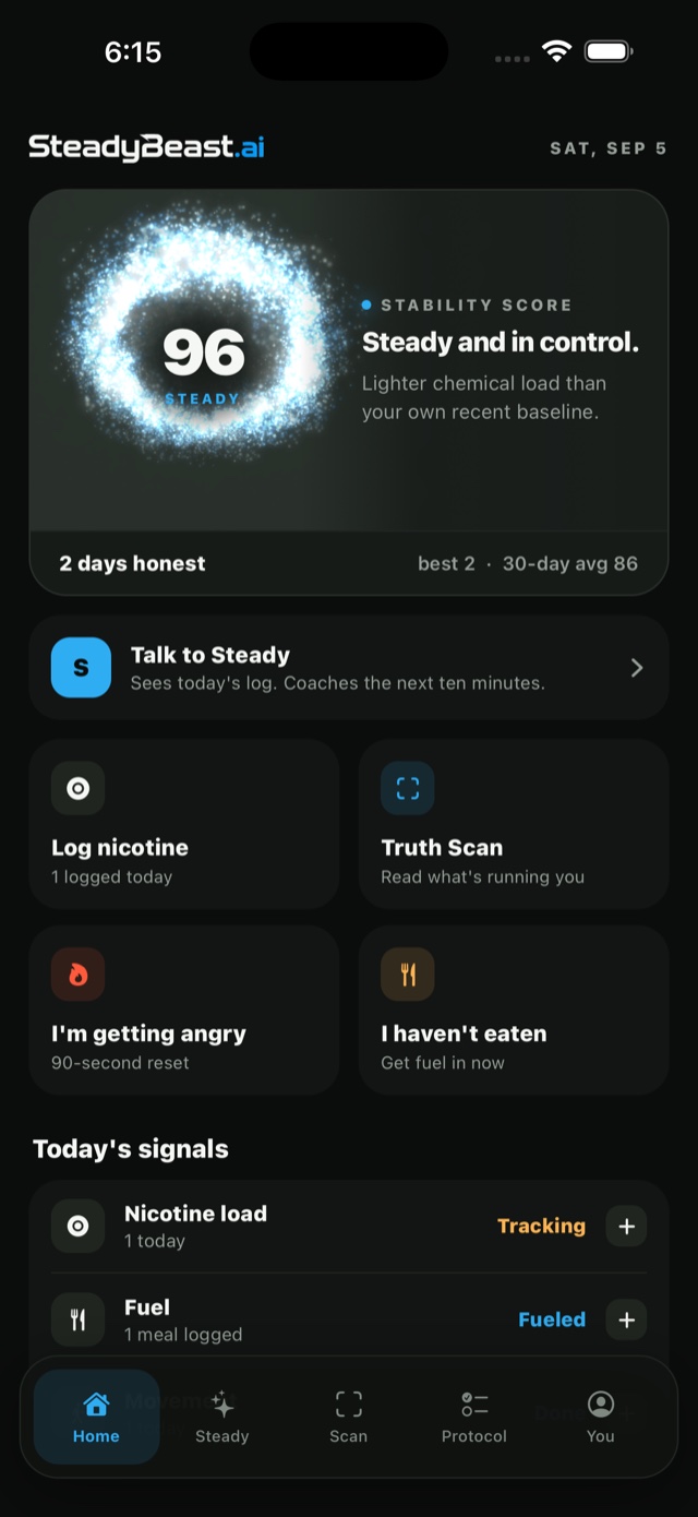 The real home screen: the living Stability Score, today's signals, and one-tap logging