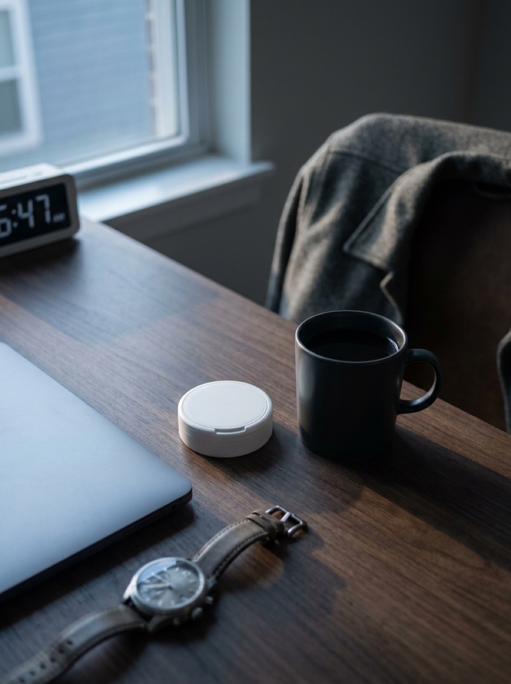 A closed tin and an untouched coffee on a desk at 6:47am
